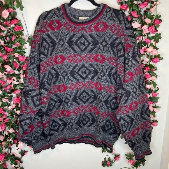 🌹Winona Knits Gray Red Crewneck Sweater Grandpa Sweater Bold Casual Large Wool - Picture 1 of 6